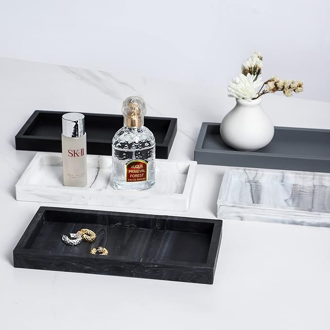 Small Bathroom Vanity Silicone Tray for Counter, Rectangle Dish Soap and Sponge Holder for Kitchen Sink, Perfume Organizer for Dresser, Marble Grey
