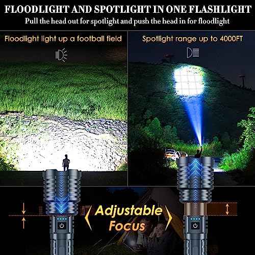 Super Bright Rechargeable Flashlights 2400.000 High Lumen, Powerful LED Flashlight, IPX7 Waterproof Floodlight & Spotlight Flashlight 2-in-1 W/5 Modes for Camping, Emergency, Search & Rescue