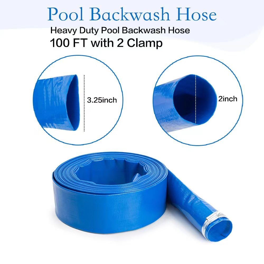 NUDAOS 2" x100 FT, Pool Backwash Hose, Heavy-Duty PVC Hose, Lay Flat Discharge Hose, Weatherproof Burst Resistant for Water Transfer, Sump Pump, Pool Filter, Pool Drain,with 2 Clamps