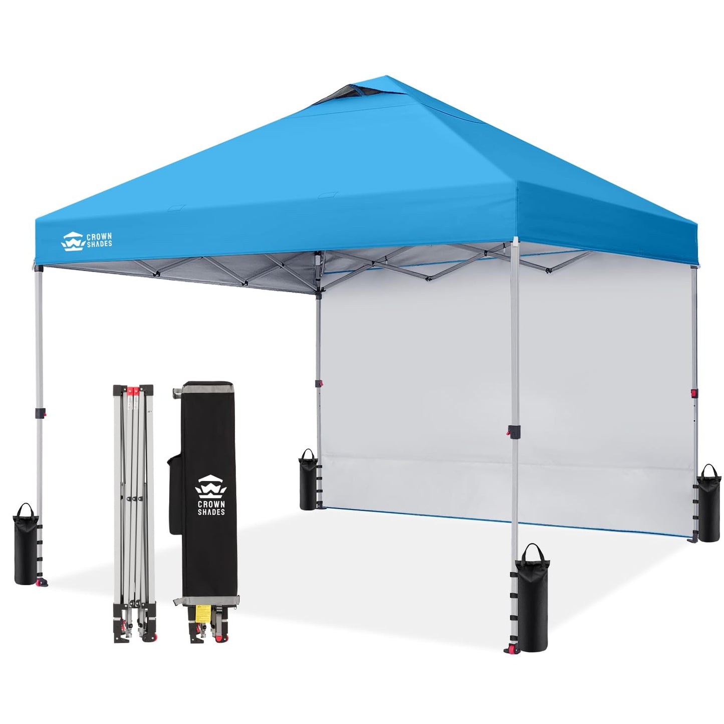 CROWN SHADES 10x10 Pop Up Canopy with 1 Side Wall - Beach Tent with One Push Setup - Outdoor Sun Shade for Events, Parties, Camping - Gazebo with STO-N-Go Cover Bag (Sky Blue)