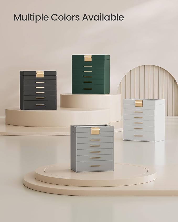 SONGMICS GISELLA Collection - Jewelry Box Organizer, 6-Layer Jewelry Storage with 5 Drawers, Shiny Metal Hardware, Glass Lid, Modern, 6.4 x 9.9 x 11.4 Inches, Dove Gray and Gold Color UJBC171G01