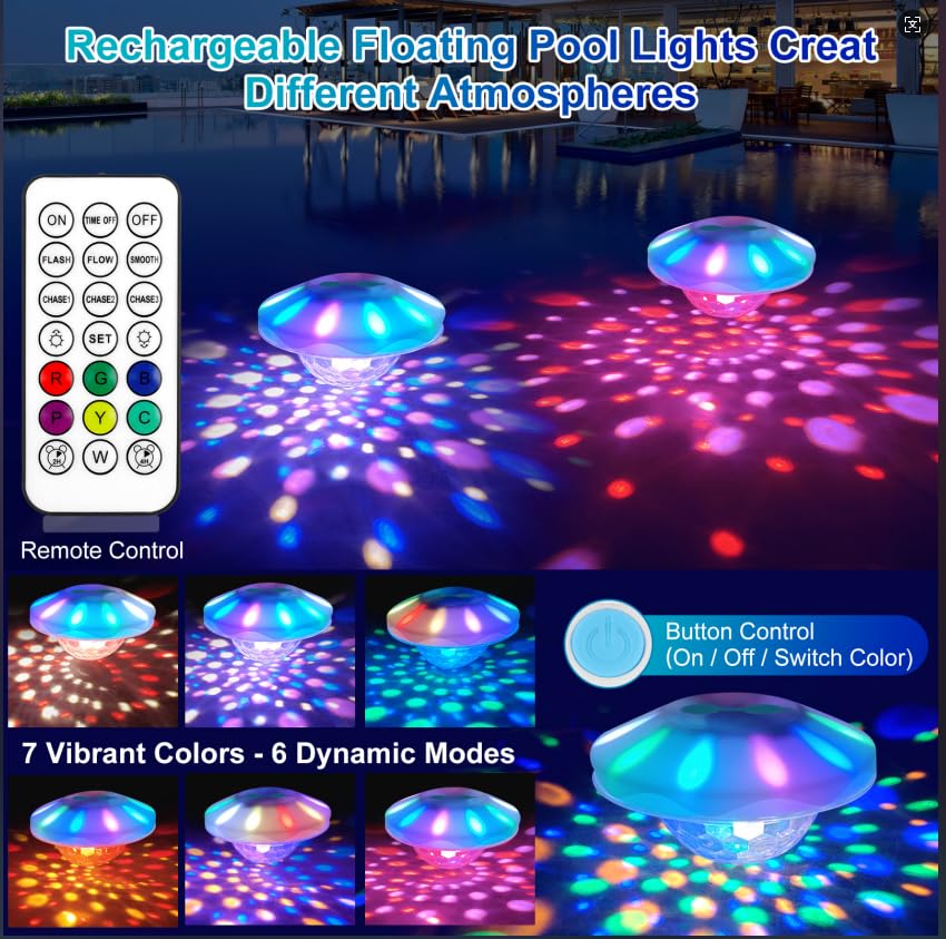 TEPENAR Rechargeable Floating Pool Lights: Remote Control Pool Lights that Float with 6 Dynamic Lighting IP68 Waterproof RGB Upper and Lower Floating Lights for Hot Tub Pool Garden Party 1 Pack