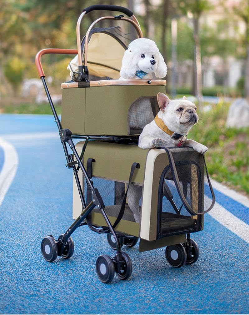 YYW Double Pet Stroller for Small Dogs & Cats - 4 in 1 Foldable Dog Stroller with 2 Detachable Carriers, Lockable Wheels & Safety Belts, Ideal for Multi-Pet Homes Walks & Travel(Brown)