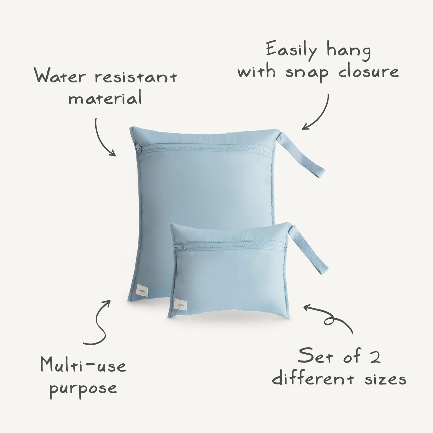 mushie Water Resistant Wet Bags | Large & Small Reusable Storage Bag for Baby Items and Travel | Zippered Pockets with Handle | Machine Washable, Set of 2 (Pastel Blooms)