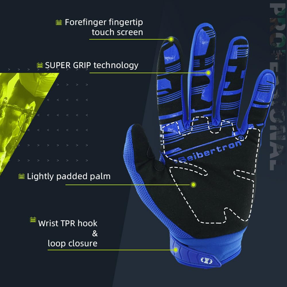 Seibertron Youth Unisex MX ATV MTB Racing Gloves - Full Finger Touchscreen Glove for Bicycle Cycling Mountain Biking Motorcycle and Motocross Blue XS