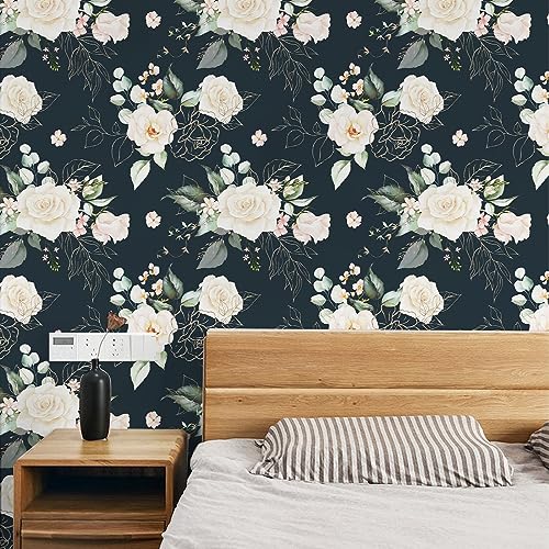 Floral Wallpaper Paper Peel and Stick Contact Paper Removable Black Gold Leaf Easy Peel Off Vinyl Wallpaper Self Adhesive for Bedroom Living Room 17.7 in x 6.6 ft
