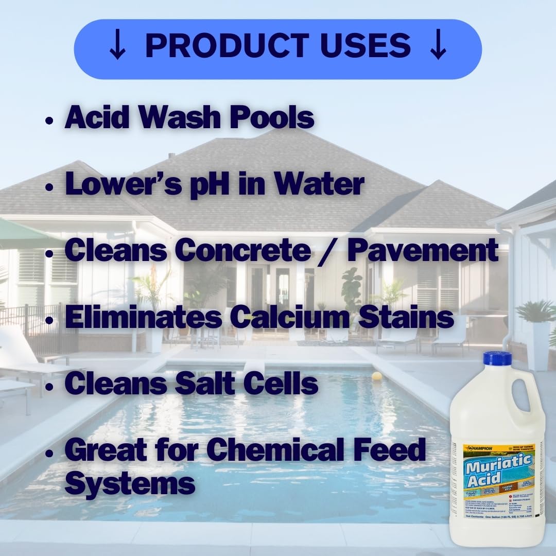 Champion Muriatic Acid for Swimming Pools & Spas - Lower's pH/pH Reducer for Pool Water Balancing - 4 Gallon