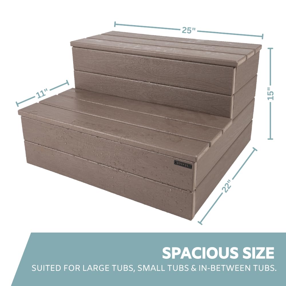 DENKOE Hot Tub Steps - Wood Looking Plastic - 100% Waterproof - Brown Non Slip, Heavy Duty, Multi Use as Porch Steps, Hot Tub Stairs, Outdoor Stairs, Fits Any Spa Size