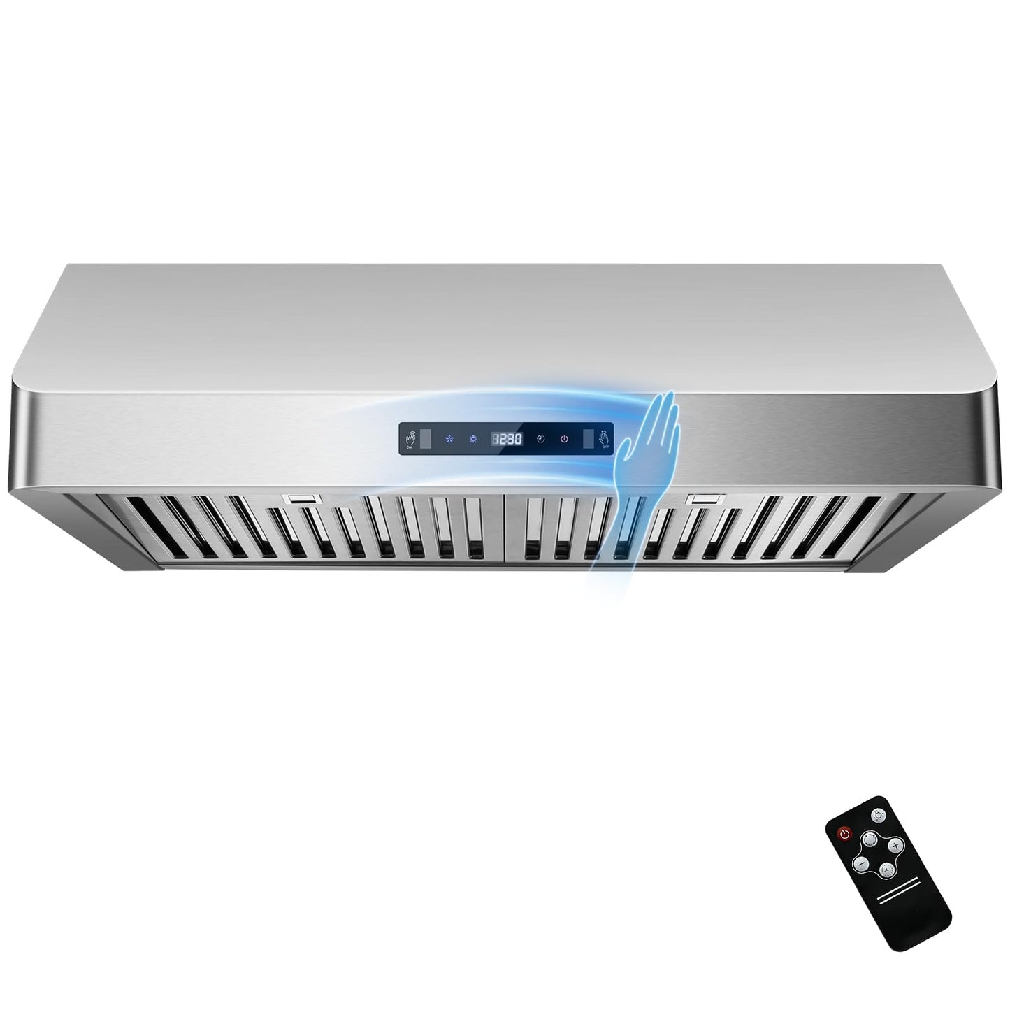 Under Cabinet Range Hood 30 inch, Kitchen Hood 900 CFM Stainless Steel with Gesture & Remote Control, 3-Speed Fan, Time Setting, Dishwasher Safe Baffle Filters, Range Hoods Ductless Convertible Duct
