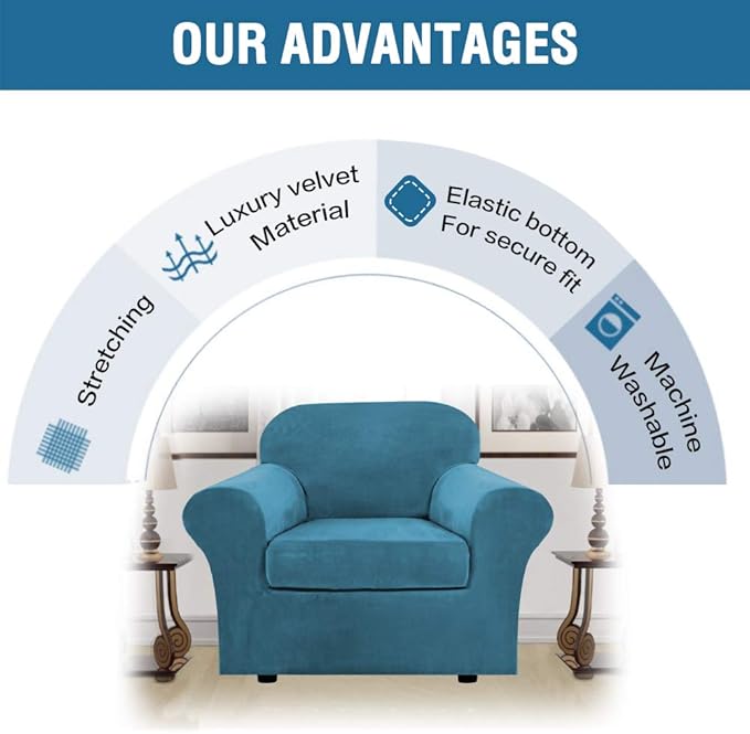 H.VERSAILTEX Rich Velvet Stretch 2 Piece Chair Cover Chair Slipcover Sofa Cover Furniture Protector Couch Soft with Elastic Bottom Chair Couch Cover with Arms Width Up to 49 Inch(Chair,Peacock Blue)