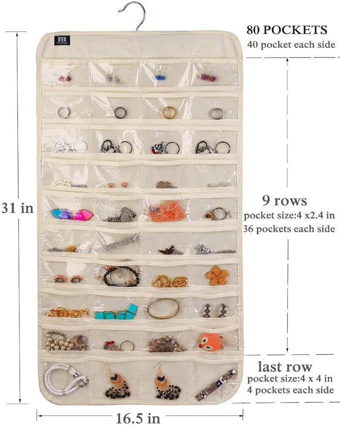 BB Brotrade Hanging Jewelry Organizer,Accessories Organizer,80 Pocket Organizer for Holding Jewelries(Beige)