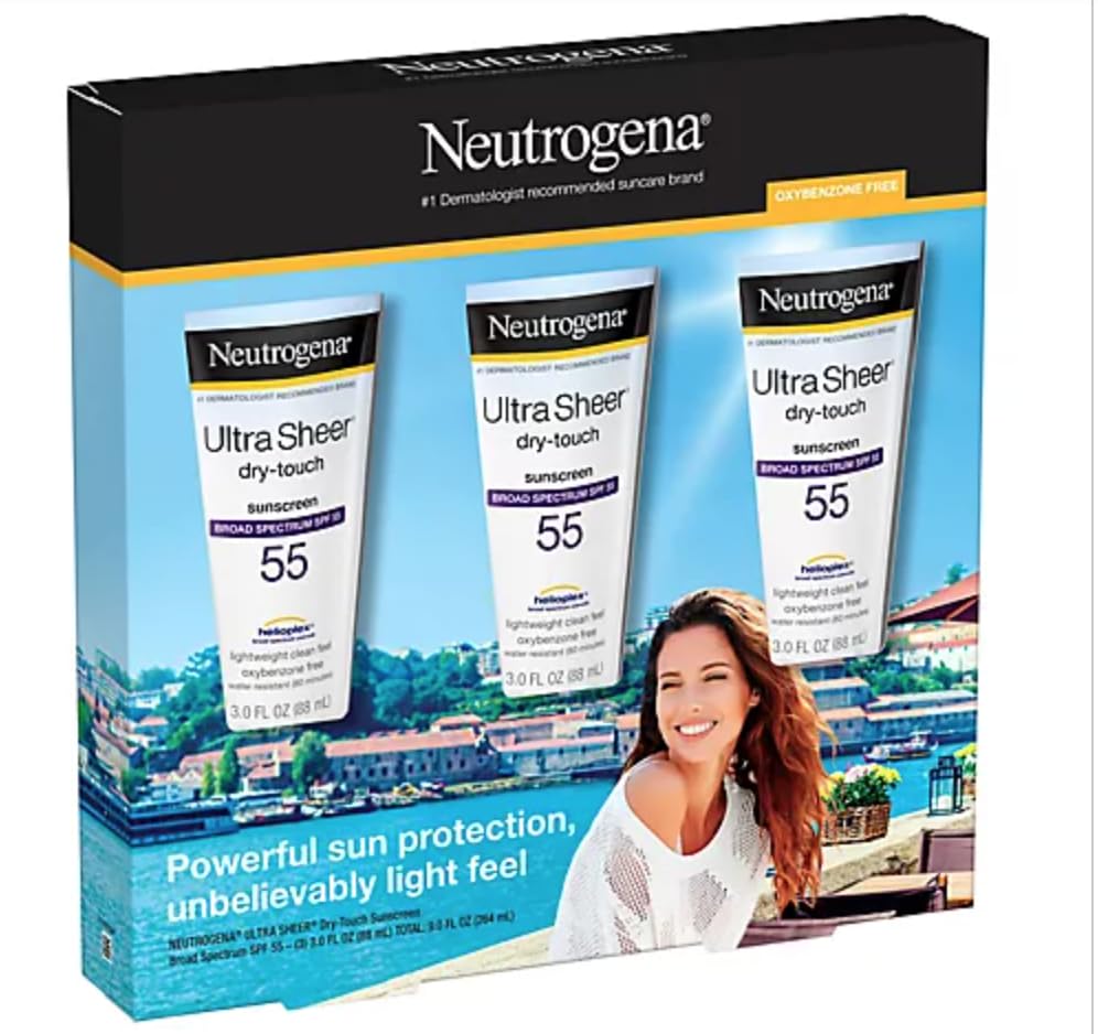 Neutrogena Ultra Sheer Dry-Touch Sunscreen Lotion, Broad Spectrum SPF 55 UVA/UVB Protection, Lightweight Water Resistant Face & Body Sunscreen, Non-Greasy, Travel Size, 3 fl. oZ (3PACK)