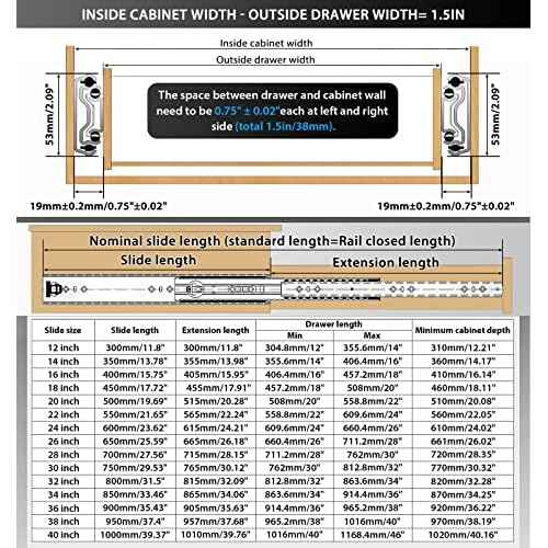 Heavy Duty Drawer Slides Full Extension Locking Runners with Lock 16 18 20 22 24 26 28 30 32 34 36 38 40 Inch Side Mount Ball Bearing Rails 500 Lb (Load:250 lb (No Lock) -W:53mm, 22 inch)