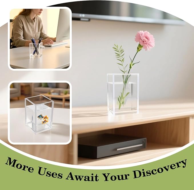 10 Pack Clear Acrylic Pen Holder for Desk, Pencil Cup Makeup Brush Organizer, Square Acrylic Pencil Holders for Office School Home Supplies, Desktop Stationery Organizer for Pens Markers Brushes