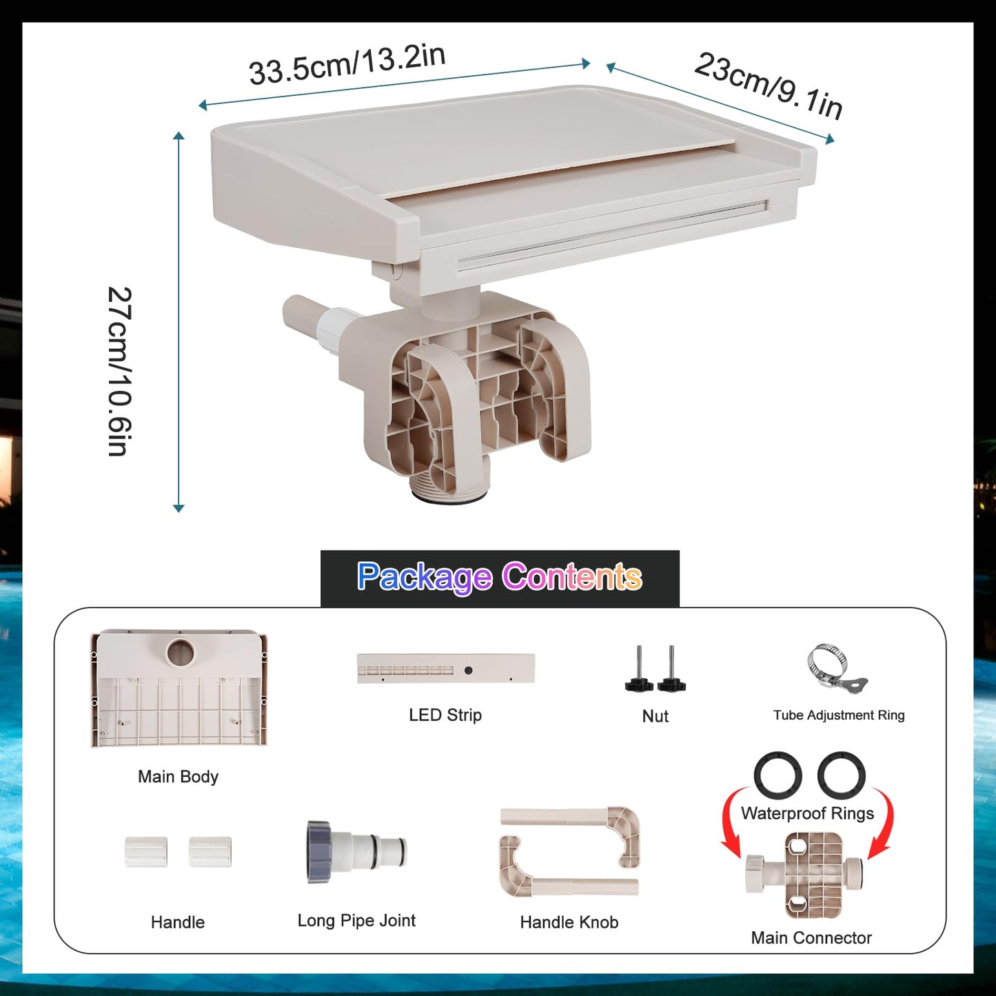 Pool Fountain Waterfall for Above Ground Pools, Swimming Pool Attachment Accessories, Relaxing Cascade Soothing Waterfall, Fits Various Frame Pools (with 7 LED Light)