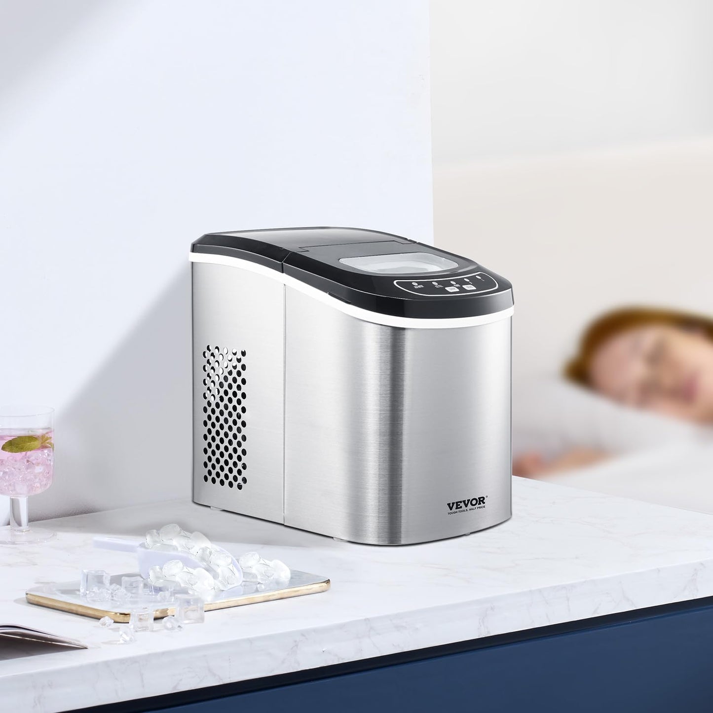 VEVOR Countertop Ice Maker, 9 Cubes Ready in 6 Mins, 33lbs in 24Hrs, Self-Cleaning Portable Ice Maker with Ice Scoop and Basket, Ice Machine with 2 Sizes Bullet Ice for Home Kitchen Office Bar Party