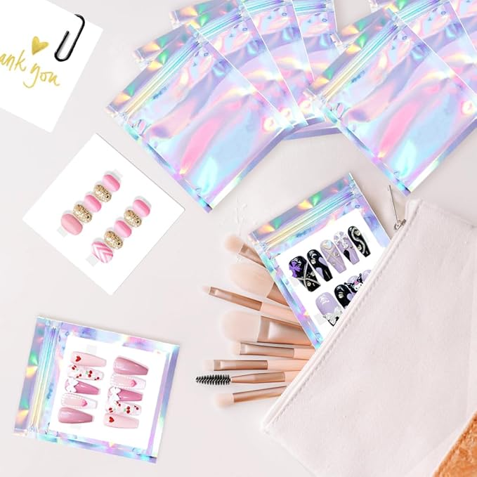 Qenk 100PCS Empty Holographic Nail Storage Bag Press on Nail Packaging Bag and 100PCS Shiny white cardboard Nail Tips Packaging Bags with 1 Roll Transparent Tape