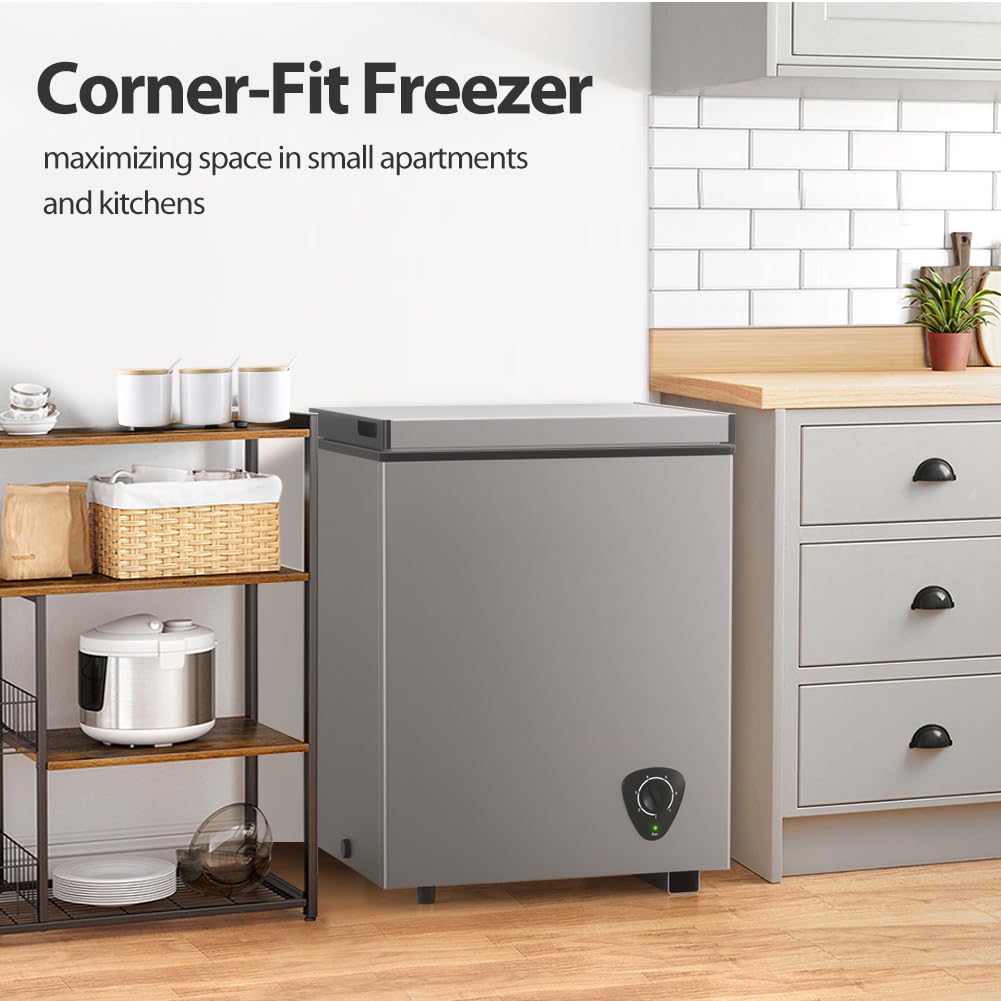Lifeplus Chest Freezer, 3.5 Cubic Feet Small Deep Freezer Compact Top Open Door with Removable Basket, 7 Temperature Control Energy Saving Super Quiet for Kitchen Office Apartment Garage, Grey