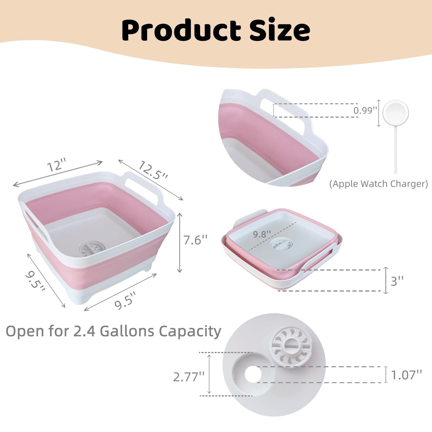 GIMWA Collapsible Wash Basin for Baby Bottles - 2.4 Gallons Portable Wash Bin for RV Camping Sink, Space-Saving Dish Tub (Pink)