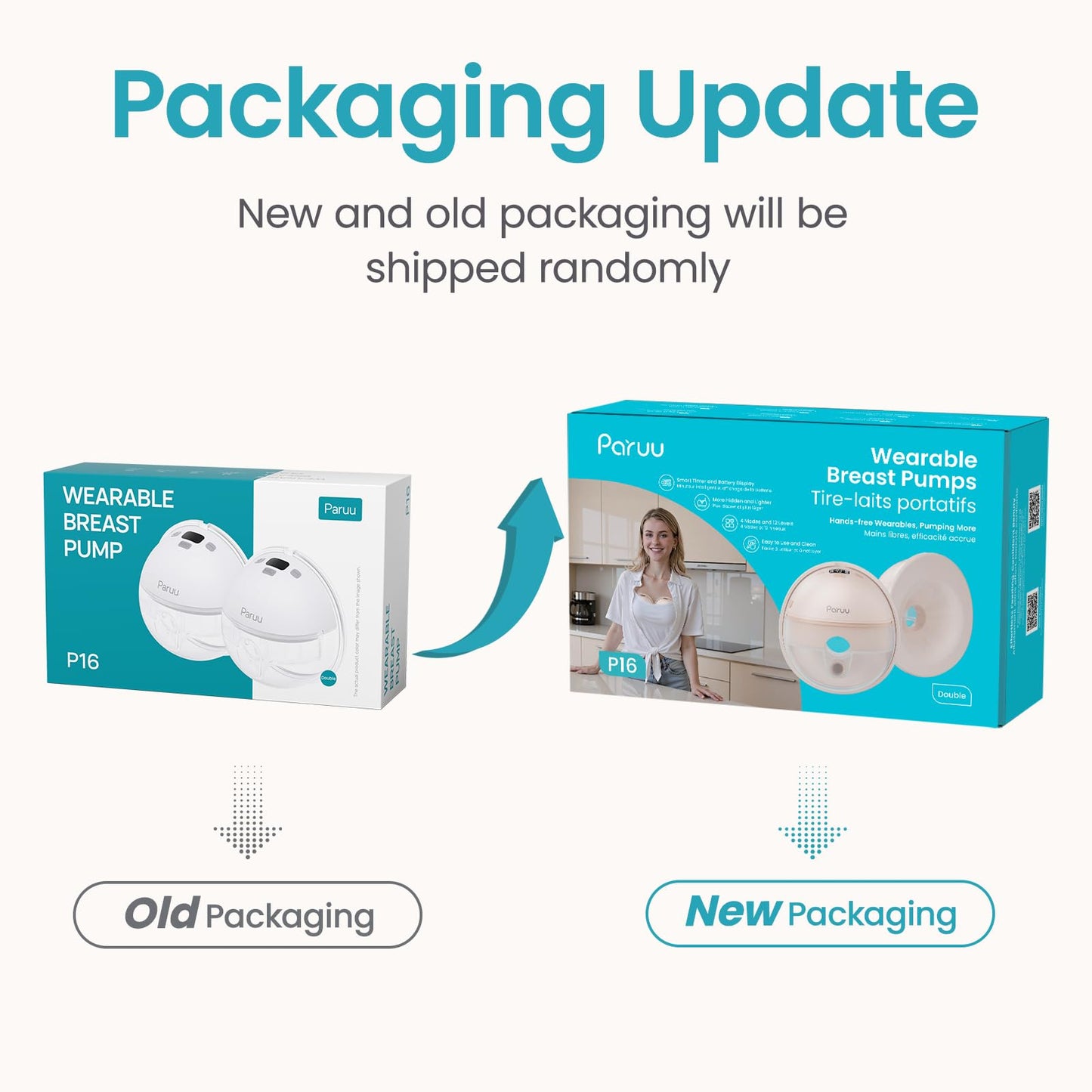 Paruu Hands Free Breast Pump P16, Wearable Breast Pump Electirc Portable with 4 Modes & 12 Levels, Max 309mmHg Strong Suction 19/21/24mm Flange Inserts Wearable Breastfeeding Pump, 2 Pack(Nude