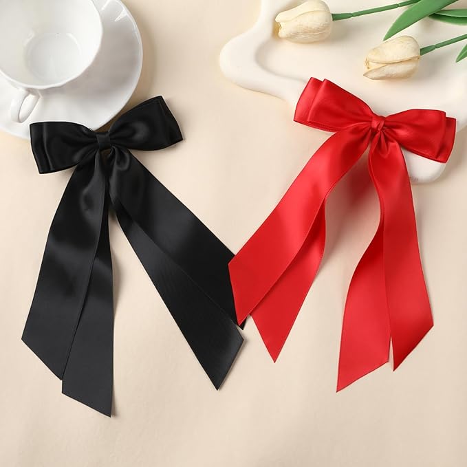 LuSeren 2 PCS Double Layer Hair Bows Red and Black Hair Ribbon Clips Ponytail Holder Accessories for Women Girls Toddlers Teens Kids