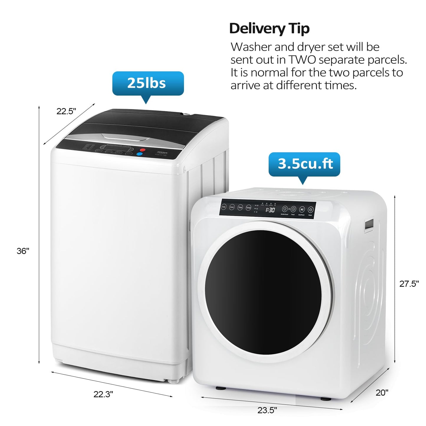 ROVSUN 25LBS Full-Automatic Washing Machine and 3.5CuFt Portable Clothes Dryer Set, Compact Laundry Washer and Dryer Combo Set with Stainless Steel Inner Tub, for Apartment, Dorms, Home