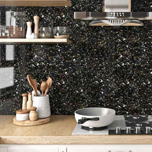 Livelynine Black and Gold Granite Contact Paper for Countertops Waterproof Counter Top Covers Renter Friendly Countertop Peel and Stick Wallpaper Kitchen Vinyl Wrap Bathroom Sink Table Desk 15.8x78.8