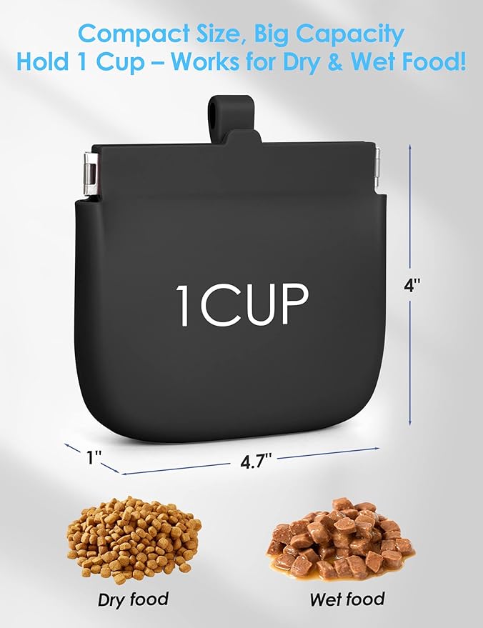 RBibei【One-Hand Access Silicone Dog Treat Pouch, Small Pocket Sized Training Pouch with Pull Tab & Auto Closing Lid for Easy Pet Training & Walking (Black)
