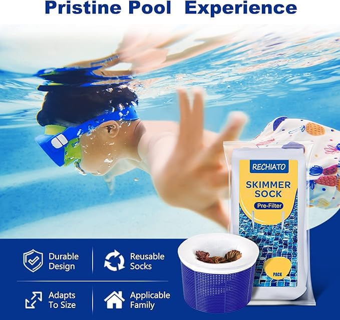 RECHIATO 50 Pack Pool Skimmer Socks for Pool Filters, Filters Baskets and Skimmers to Filter Debris and Leaves, Protact Filter System of Inground and Above Ground Pools