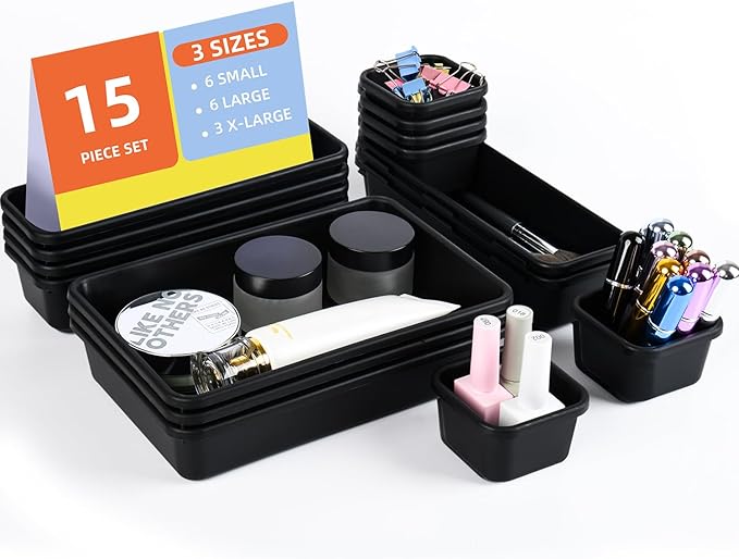 Kutesna 15 Piece Drawer Organizer Set, 3 Size Interlocking Plastic Storage Bins for Office Supplies, Jewelry Makeup Vanity, Bathroom Kitchen, Home Organization Closet, Gadgets Small Items, Black