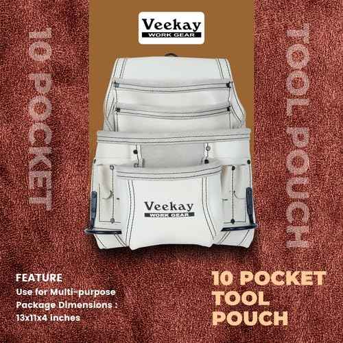 VEEKAY 10 Pockets Men Resin Finish/Oil Tanned Leather Tool Pouch White and Brown Bags Fastener Carpenter's Nail, Tool Heavy Duty Steel Hammer Loop, Belt Loop for Electrician Technician Installers