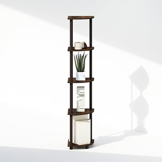 Furinno Turn-N-Tube Storage Shelves, 5-Tier Book Shelf, Corner Shelf, Toolless Open Shelves, for Organization and Storage, Living Room, Home Office, Hallway, Bedroom, Walnut