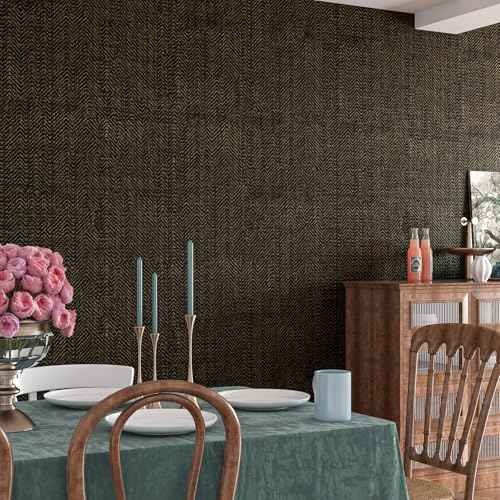 Black Gold Wallpaper Peel and Stick Grasscloth Wallpaper Herringbone Textured Woven Fabric Wall Paper Removable Self Adhesive Black Linen Contact Paper for Cabinets Bedroom Walls 17.7"x80"