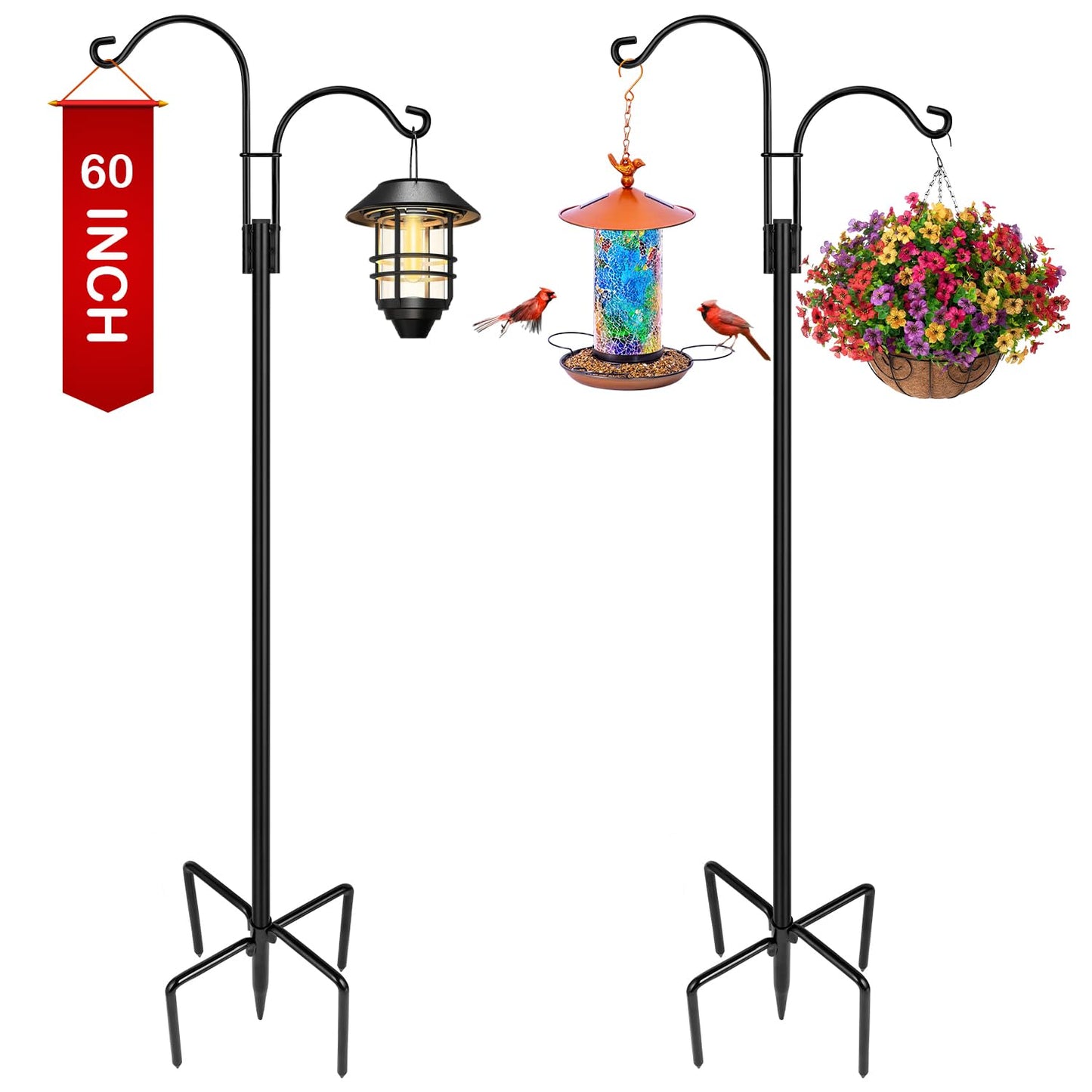 XDW-GIFTS Double Shepherds Hooks for Outdoor, 2-Pack Heavy Duty Garden Pole for Hanging Bird Feeder, Plant Baskets, Solar Light Lanterns, Garden Plant Hanger Stands with 5 Base Prongs