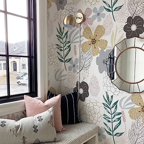 Mecpar Floral Peel and Stick Wallpaper 17.71'' x 118'' Pink Perennial Blooms Contact Paper - Vinyl Self Adhesive Removable Waterproof for Bathroom Cabinet Decorative