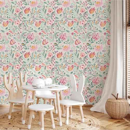 Colorful Peel and Stick Wallpaper Kids Cute Floral Contact Paper for Cabinets Self Adhesive Removable Contact Paper Fun Flower Garden Wallpaper for Bedroom Bathroom Waterproof 17.3inW 78.7inL