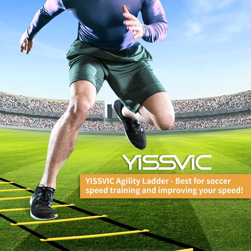 YISSVIC Agility Ladder and Cones 20 Feet 12 Adjustable Rungs Fitness Speed Training Equipment,1 Carry Bags, 10 Cones, 4 Stakes, Basketball, Soccer (20 feet Yellow)