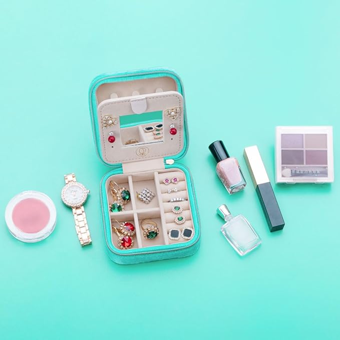 Plush Velvet Travel Jewelry Case, Travel Jewelry Organizer, Jewelry Travel Case, Travel Jewelry Box, Small Jewelry Case, Jewelry Travel Box, Earring Organizer with Mirror - CyanBlue