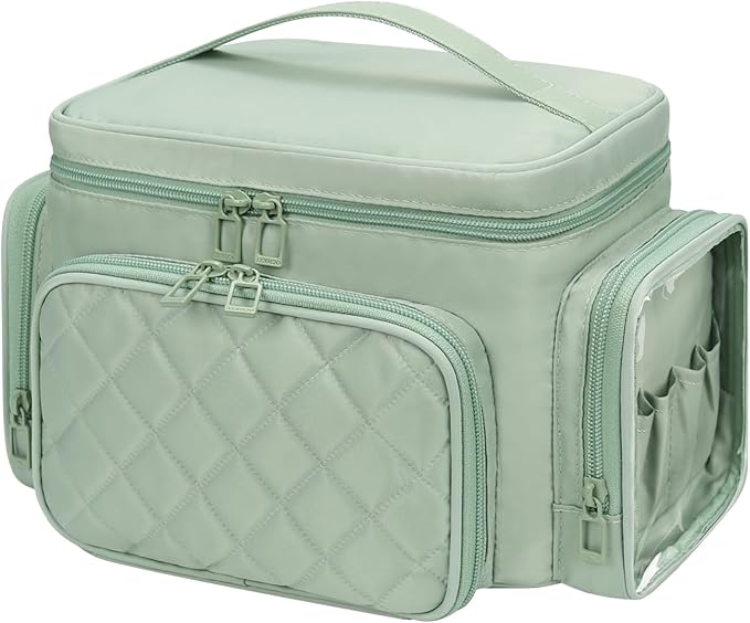 Bagmoly Large Makeup Bag, Portable Travel Makeup Bag Organizer for Women Girls with Makeup Brush Compartment & Two Side Pockets, Cosmetic Travel Bag Vertical Storage Toiletry - Green