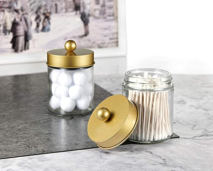 Amolliar 4 Pc Glass Apothecary Jars - Countertop Qtip Dispenser Holder with Stainless Steel Lids &Cute Stickers -Bathroom Vanity Storage Organizer Set for Qtips,Cotton Swabs,Makeup Sponges(Gold)