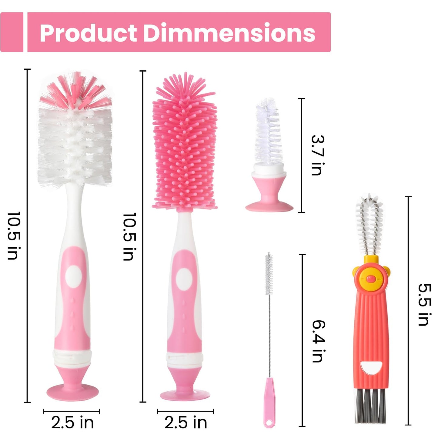 Ariseno 5-in-1 Baby Bottle Brush Set, Including Nylon and Silicone Bottle Brush, Cap, Straw, Nipple Brushes, BPA-Free (Pink)