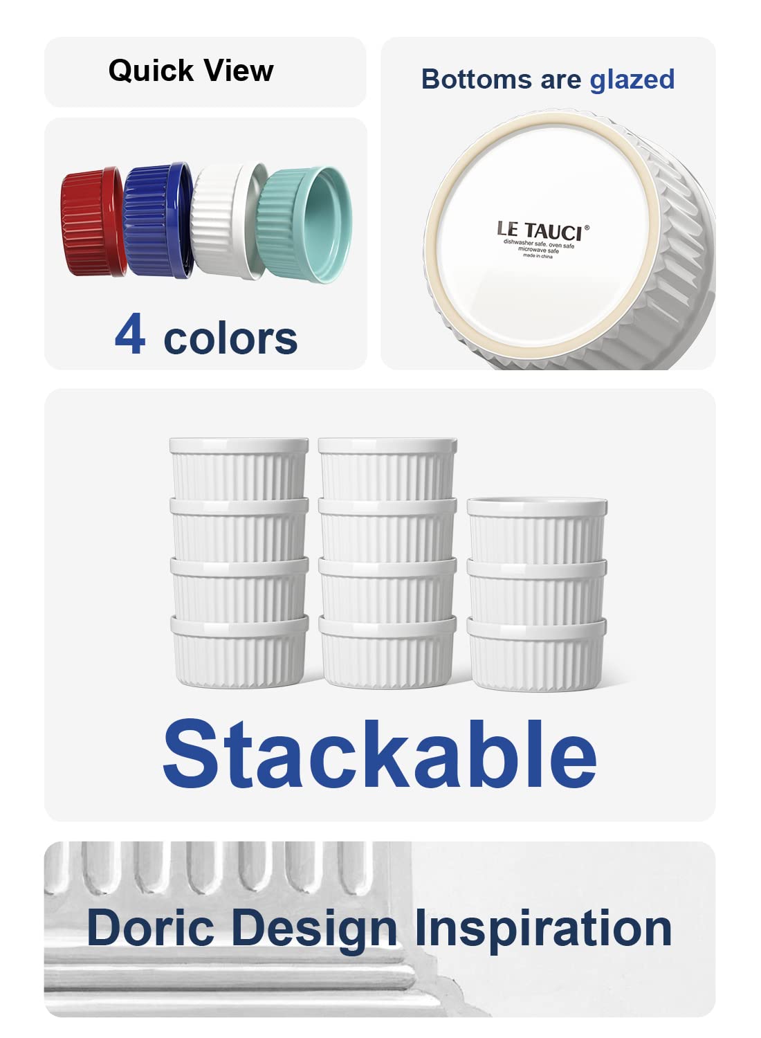 LE TAUCI Ramekins 8 OZ Oven Safe, Creme Brulee Ramekins, Pudding Custard Cups Souffle Ramiken, Dipping Sauce Dishes, Ceramic Ramekin Bowls Set of 6, White