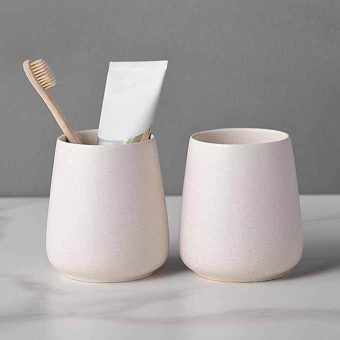 Beige Toothbrush Holder for Bathroom - 2Pcs Ceramic Tooth Brushing Holders Set, Toothbrush Cup & Toothpaste Organizer for Bathroom Countertop, Makeup Brush Holder, Pen Holder for Home Desktop Storage