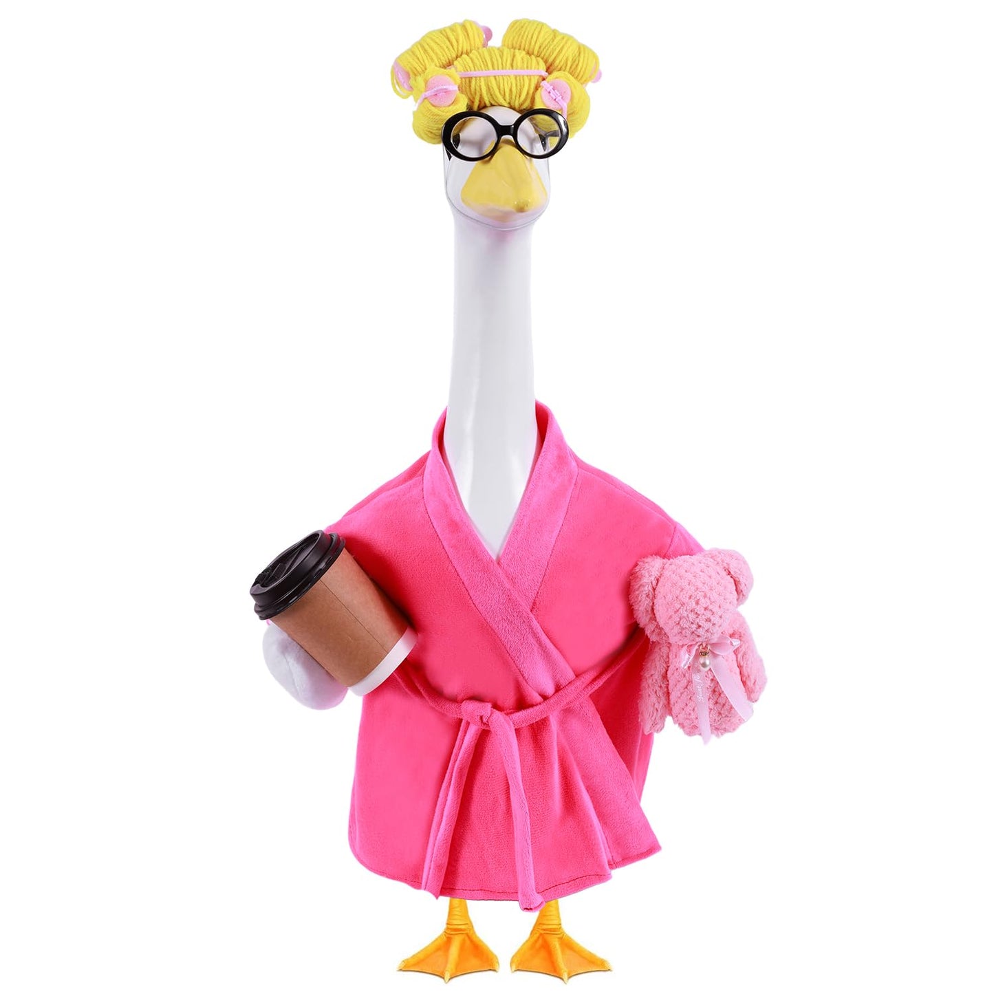Lady Porch Goose Outfits,Bathrobe Porch Goose Statue Costume with Curlers Reading Glasses Coffee Cup Towel,Cute Goose Clothes for 23-Inch Cement or Plastic Statue,Lawn Yard Garden Patio Decor(Pink)