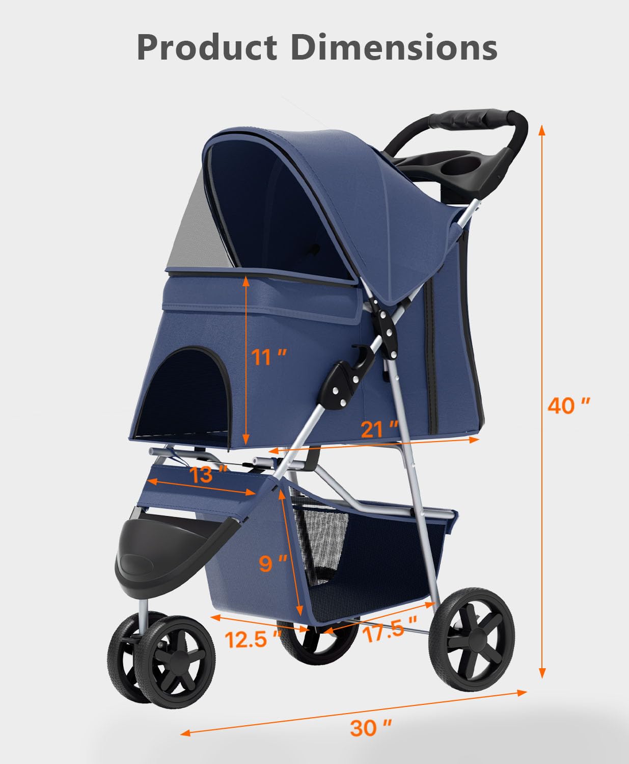 OS MOTOR Pet Stroller with 3 Wheels for Small/Medium Pets, Portable Travel Foldable Carrier Jogger for Dog Cat Puppy Kitty, Rear Wheel Breaks, Storage Basket, Visible Mesh Weather Cover (Navy Blue)