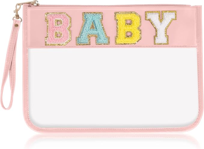 izuzta Chenille Letter Clear Bag Baby Purse Pouch, Monogram PVC & PU Clear Zipper Pouch with Wristlet, Waterproof Portable Glitter Snacks Makeup Beach Pouch Toiletry Bag for Women Girls (BABY-Pink)