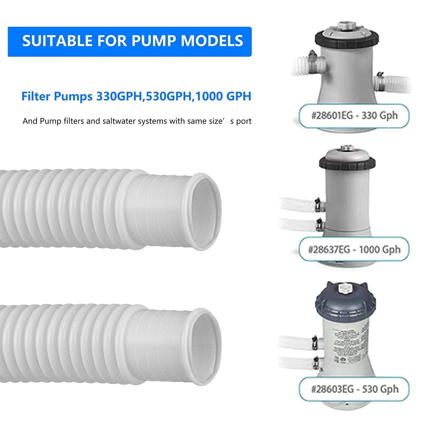 1.5” x 41” Pool Pump Replacement Hose, 2-Pack Above-Ground Pool Hoses with 4 Stainless Steel Clamps, Compatible with Intex, Coleman, Summer Waves Pool Pumps & Filters (2 PACK White)