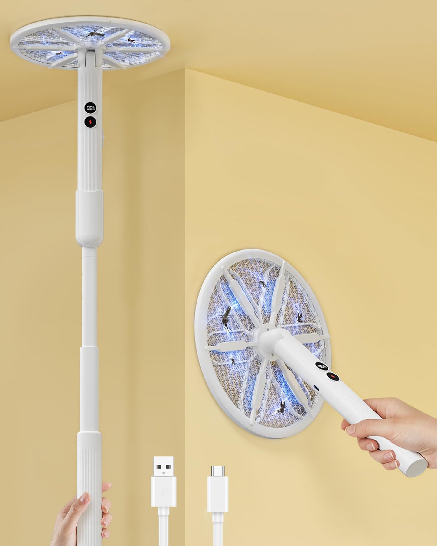 Rotating Head Electric Fly Swatter for Indoors with 16â40" Telescopic Handle, 4000V 2-in-1 UV USB Rechargeable Bug Zapper Indoor Outdoor, Fly Mosquito Zapper Killer Catcher Trap for Ceilings and Walls