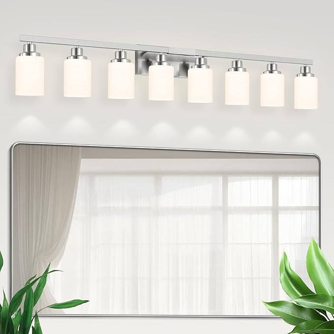 DIKAIDA 8-Light Bathroom Light Fixtures, 52inch Nickel Vanity Light with Milky White Glass Shade, Modern Bathroom Wall Lights Over Mirror, Farmhouse Wall Sconces Lighting for Bedroom Living Room