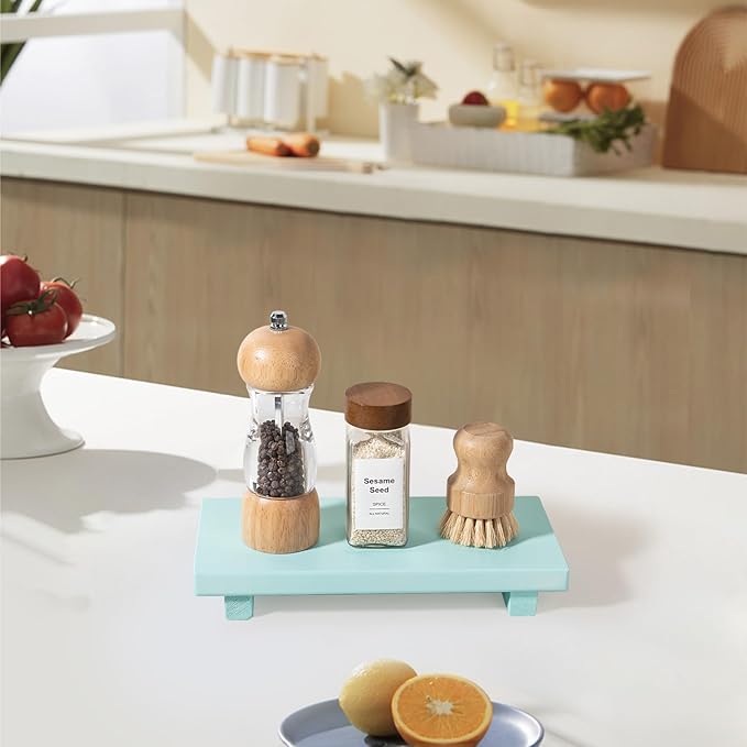 zoocatia Small Wood Tray Pedestal Stand Farmhouse Bathroom Decor Decorative Wooden Riser Kitchen Soap Dish Holder for Vanity, Counter, Sink, 10" x 4.5" - Light Blue